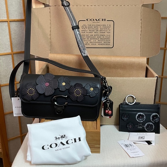Coach Tea Rose Baguette Bag, Mini Cherry Charm & Skinny Id Floral Applique NWT - Picture 1 of 17